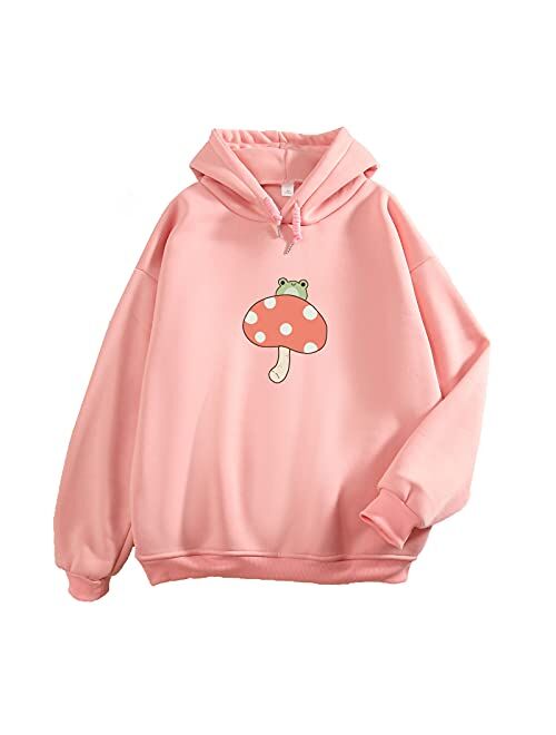 KEEVICI Women Cute Frog Sweatshirt Kawaii Mushroom Hoodie for Teen Girls Aesthetic Cottagecore Clothes Feminino Hoodies