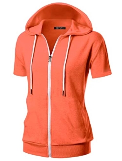 GIVON Womens Slim Fit Zip Up Hoodie with Pockets Short Sleeve Full Zip Hooded Sweatshirt