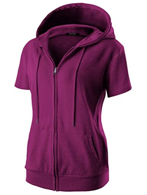 GIVON Womens Slim Fit Zip Up Hoodie with Pockets Short Sleeve Full Zip Hooded Sweatshirt