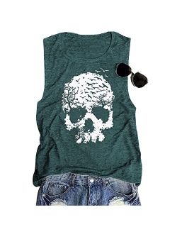 Calvin&Sally Skull Shirts for Women Funny Gothic Graphic Tank Tops Casual Short Sleeve Halloween Tshirts Novelty Horror Tee Shirts