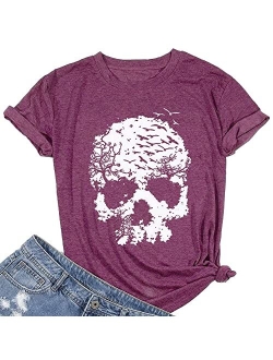 Calvin&Sally Skull Shirts for Women Funny Gothic Graphic Tank Tops Casual Short Sleeve Halloween Tshirts Novelty Horror Tee Shirts