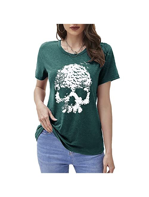 Calvin&Sally Skull Shirts for Women Funny Gothic Graphic Tank Tops Casual Short Sleeve Halloween Tshirts Novelty Horror Tee Shirts