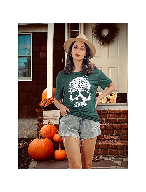 Calvin&Sally Skull Shirts for Women Funny Gothic Graphic Tank Tops Casual Short Sleeve Halloween Tshirts Novelty Horror Tee Shirts