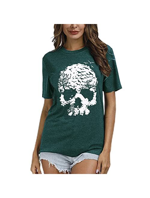 Calvin&Sally Skull Shirts for Women Funny Gothic Graphic Tank Tops Casual Short Sleeve Halloween Tshirts Novelty Horror Tee Shirts