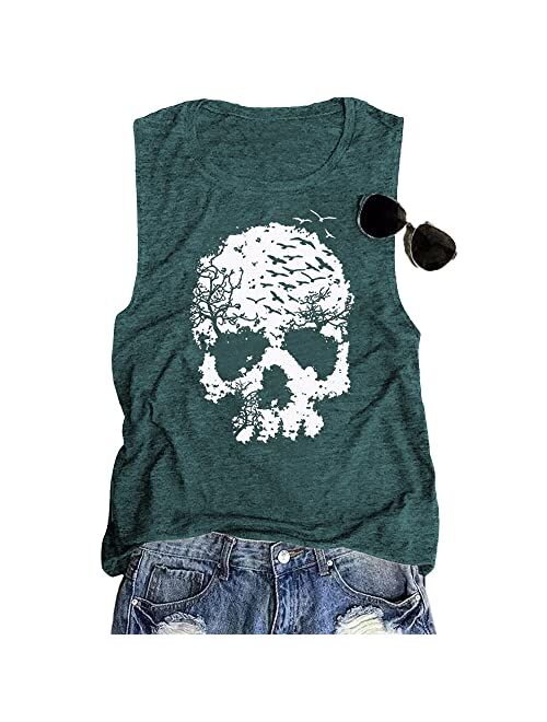 Calvin&Sally Skull Shirts for Women Funny Gothic Graphic Tank Tops Casual Short Sleeve Halloween Tshirts Novelty Horror Tee Shirts