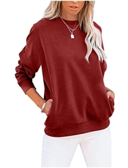 TICTICMIMI Women's Casual Long Sleeve Color Block/Solid Tops Crewneck Sweatshirts Cute Loose Fit Pullovers With Pockets