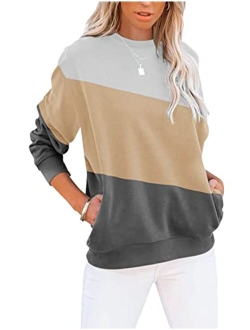 TICTICMIMI Women's Casual Long Sleeve Color Block/Solid Tops Crewneck Sweatshirts Cute Loose Fit Pullovers With Pockets