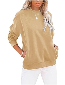 TICTICMIMI Women's Casual Long Sleeve Color Block/Solid Tops Crewneck Sweatshirts Cute Loose Fit Pullovers With Pockets