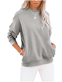 TICTICMIMI Women's Casual Long Sleeve Color Block/Solid Tops Crewneck Sweatshirts Cute Loose Fit Pullovers With Pockets