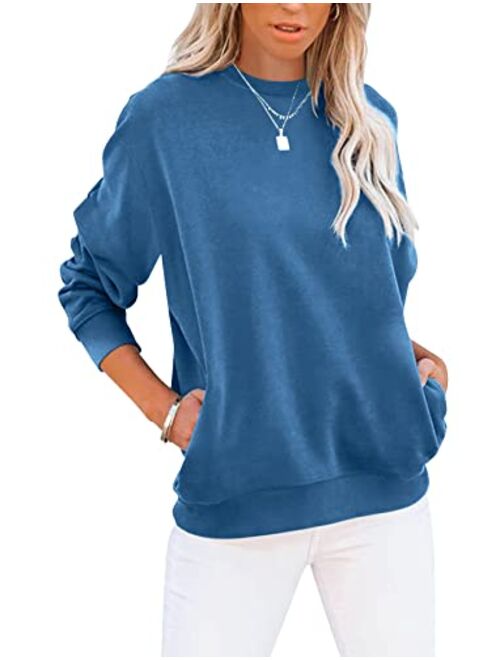 TICTICMIMI Women's Casual Long Sleeve Color Block/Solid Tops Crewneck Sweatshirts Cute Loose Fit Pullovers With Pockets