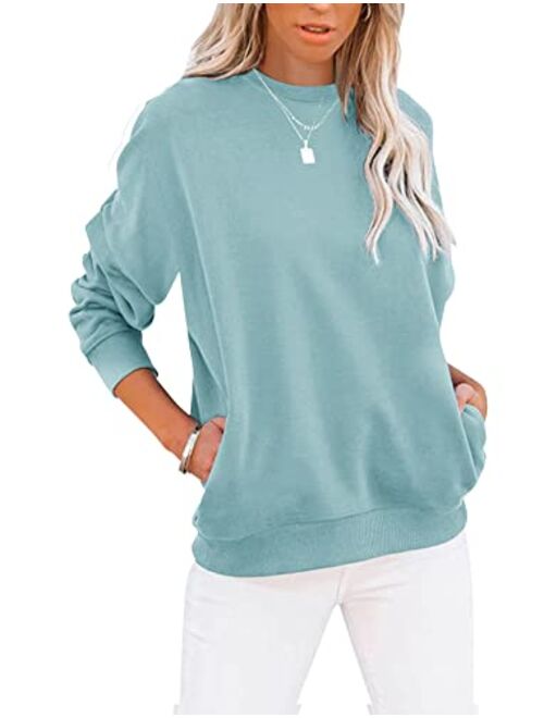 TICTICMIMI Women's Casual Long Sleeve Color Block/Solid Tops Crewneck Sweatshirts Cute Loose Fit Pullovers With Pockets