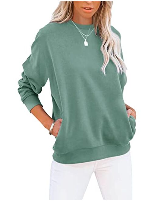 TICTICMIMI Women's Casual Long Sleeve Color Block/Solid Tops Crewneck Sweatshirts Cute Loose Fit Pullovers With Pockets