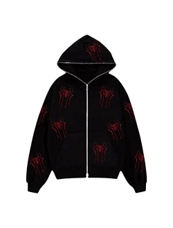 YEOU Women Rhinestone Y2K Spider Skeleton Hoodies Punk Jackets Streetwear Goth Harajuku Oversized Zip Up Hoodie