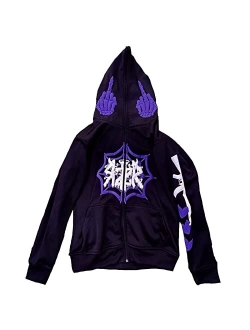 YEOU Women Rhinestone Y2K Spider Skeleton Hoodies Punk Jackets Streetwear Goth Harajuku Oversized Zip Up Hoodie