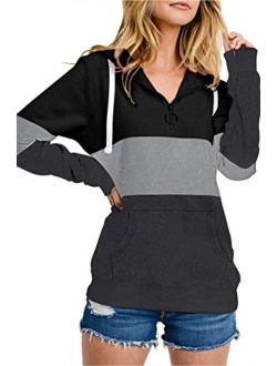 Barlver Women's Casual Hoodies Color Block Long Sleeve Drawstring Sweatshirts 1/4 Zip Pullover Lightweight Tops with Pocket