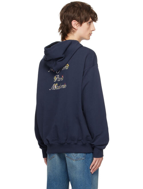 Drole De Monsieur Navy 'Le Hoodie Slogan A Fleurs' Hoodie