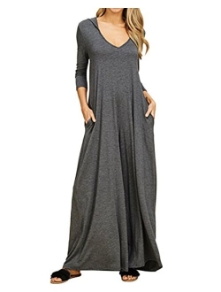 Jacansi Women's V-Neck Casual Long Sleeve/Short Sleeve Maxi Dress Hoodie Pocket Dress