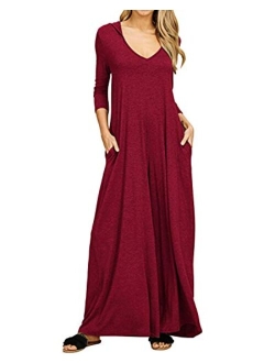 Jacansi Women's V-Neck Casual Long Sleeve/Short Sleeve Maxi Dress Hoodie Pocket Dress