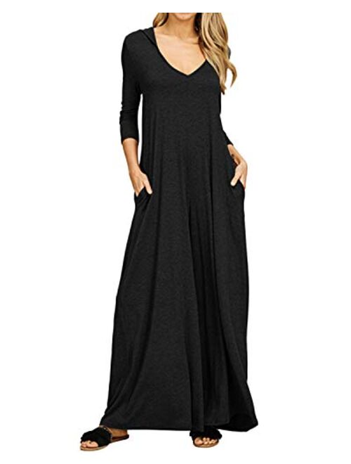 Jacansi Women's V-Neck Casual Long Sleeve/Short Sleeve Maxi Dress Hoodie Pocket Dress