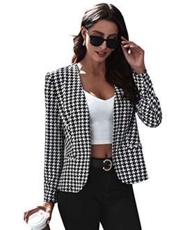 Women Elegant Open Front Houndstooth Blazer Work Office Jacket Outwear