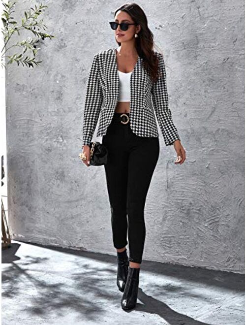 Milumia Women Elegant Open Front Houndstooth Blazer Work Office Jacket Outwear