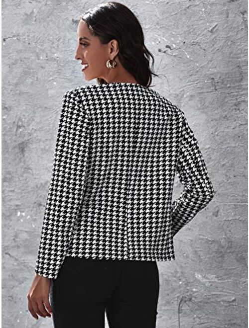 Milumia Women Elegant Open Front Houndstooth Blazer Work Office Jacket Outwear