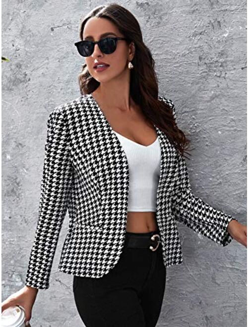 Milumia Women Elegant Open Front Houndstooth Blazer Work Office Jacket Outwear