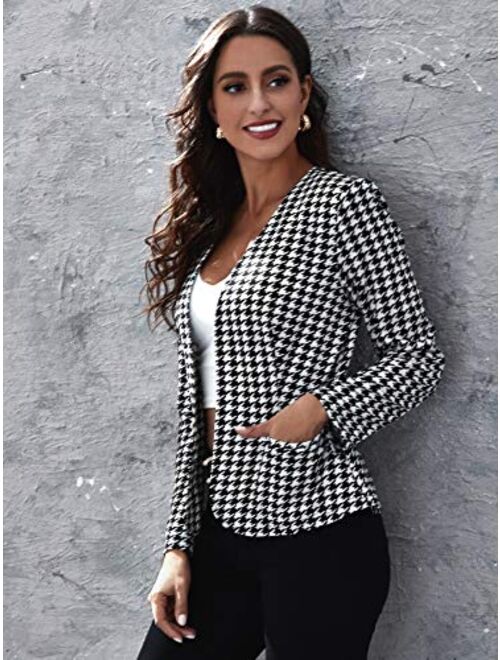 Milumia Women Elegant Open Front Houndstooth Blazer Work Office Jacket Outwear