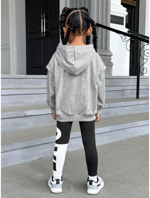 SHEIN Kids Cooltwn Young Girl Slogan Graphic Drop Shoulder Hoodie Leggings