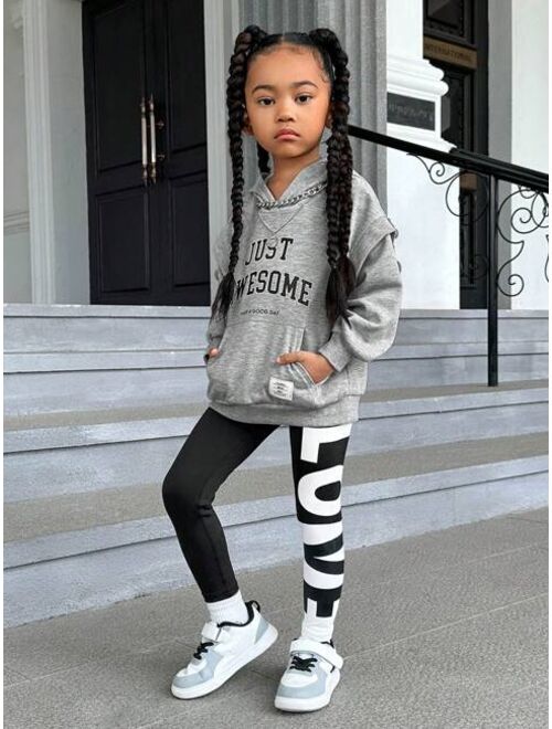 SHEIN Kids Cooltwn Young Girl Slogan Graphic Drop Shoulder Hoodie Leggings