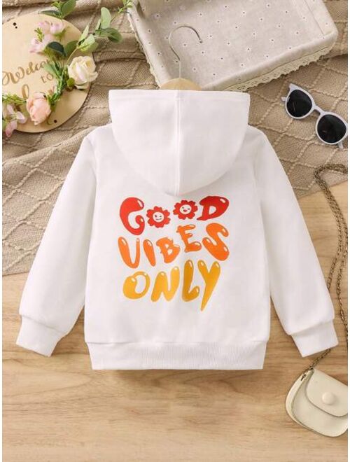 SHEIN Kids EVRYDAY Toddler Girls Floral Slogan Graphic Hoodie