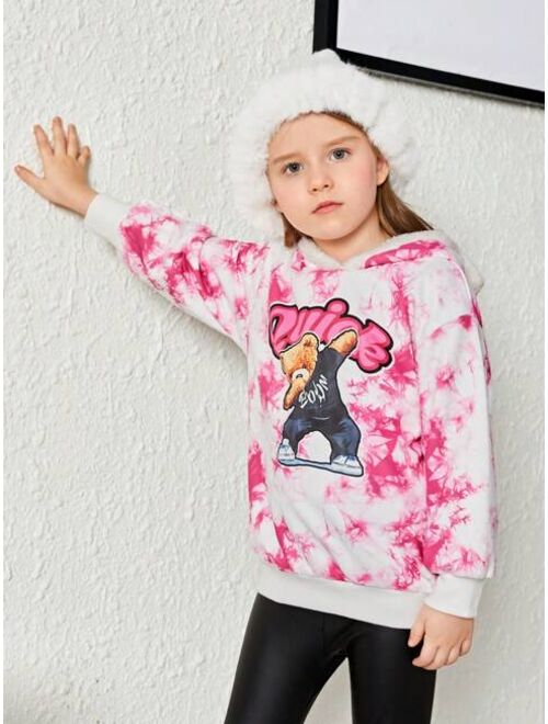 SHEIN Young Girl Tie Dye Cartoon Graphic Drop Shoulder Hoodie