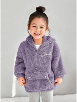 SHEIN Kids EVRYDAY Toddler Girls Letter Embroidery Half Zip Drop Shoulder Teddy Hoodie