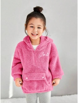 SHEIN Kids EVRYDAY Toddler Girls Letter Embroidery Half Zip Drop Shoulder Teddy Hoodie