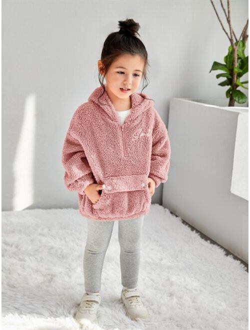 SHEIN Kids EVRYDAY Toddler Girls Letter Embroidery Half Zip Drop Shoulder Teddy Hoodie