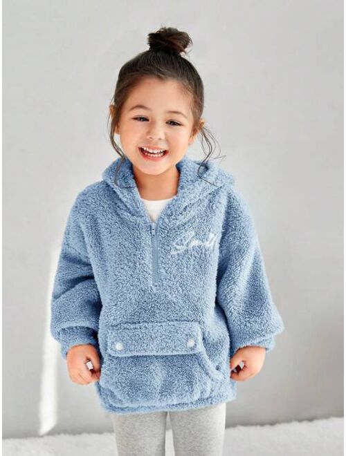 SHEIN Kids EVRYDAY Toddler Girls Letter Embroidery Half Zip Drop Shoulder Teddy Hoodie