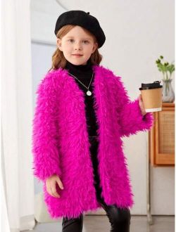 Young Girl Solid Open Front Fuzzy Coat