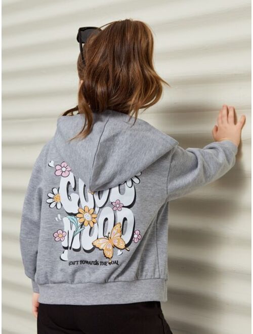 SHEIN Toddler Girls Slogan Floral Print Drop Shoulder Zipper Hoodie