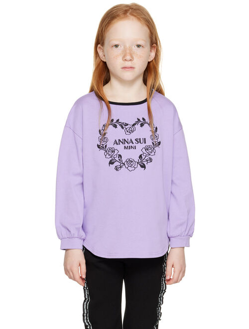 ANNA SUI MINI Kids Purple Embroidered Long Sleeve T-Shirt