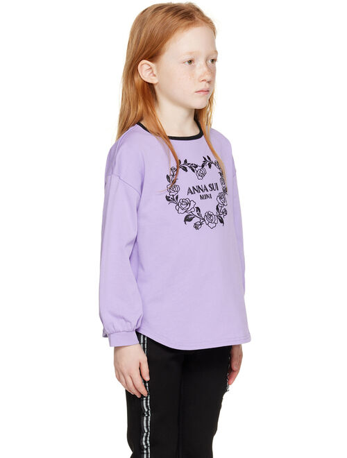 ANNA SUI MINI Kids Purple Embroidered Long Sleeve T-Shirt