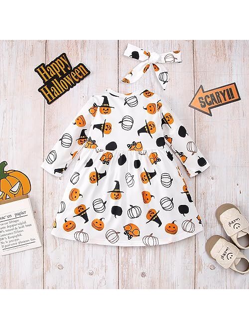 Gliglittr Baby Girls Halloween Long Sleeve Printed Mini Dress