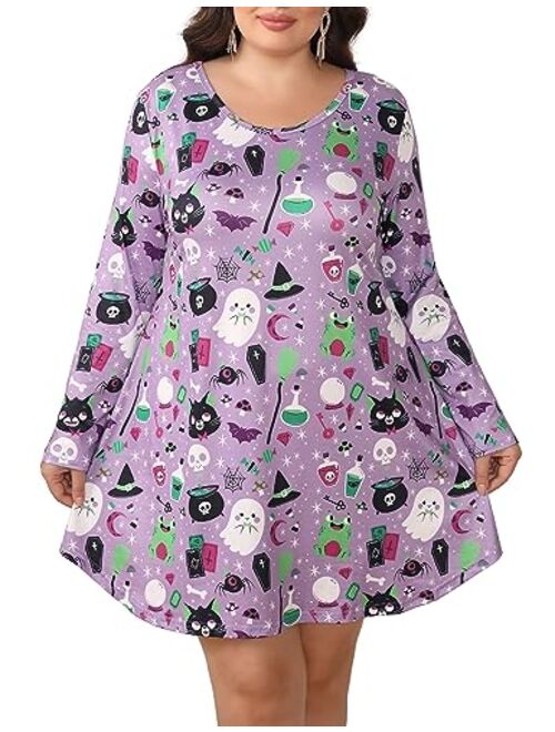 Aphratti Women's Long Sleeve Halloween Print Swing Short Dress Cute Costume Tunic Dresses for Parties