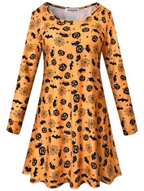 Aphratti Women's Long Sleeve Halloween Print Swing Short Dress Cute Costume Tunic Dresses for Parties