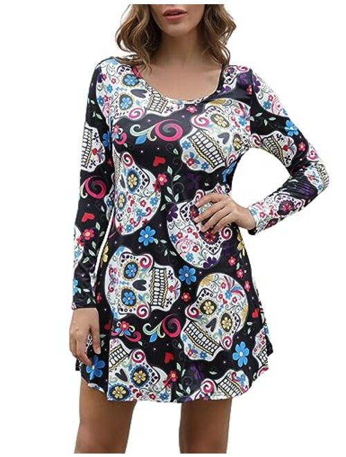 Aphratti Women's Long Sleeve Halloween Print Swing Short Dress Cute Costume Tunic Dresses for Parties