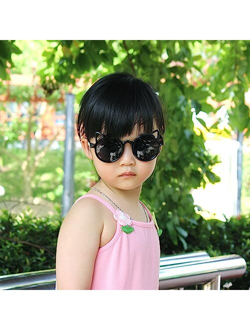 AAWAAP Kids Sunglasses Polarized UV Protection Round Shaped Cat Ears Toddler Sunglasses Age 2-10 Baby Girls Boys Party Favor