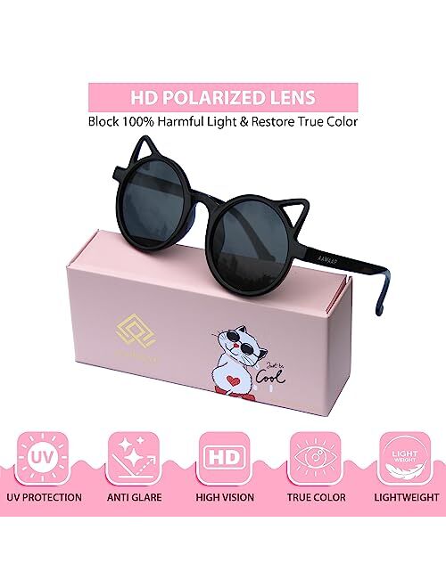 AAWAAP Kids Sunglasses Polarized UV Protection Round Shaped Cat Ears Toddler Sunglasses Age 2-10 Baby Girls Boys Party Favor