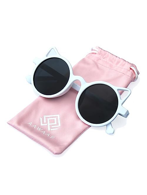 AAWAAP Kids Sunglasses Polarized UV Protection Round Shaped Cat Ears Toddler Sunglasses Age 2-10 Baby Girls Boys Party Favor