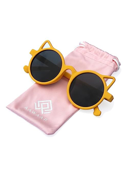 AAWAAP Kids Sunglasses Polarized UV Protection Round Shaped Cat Ears Toddler Sunglasses Age 2-10 Baby Girls Boys Party Favor