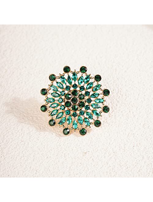 YERTTER Vintage Indian Ethnic Style Green Crystal Hollow Big Round Ring Rhinestone Crystal Ring Adjustable Party Gift for Women Girls