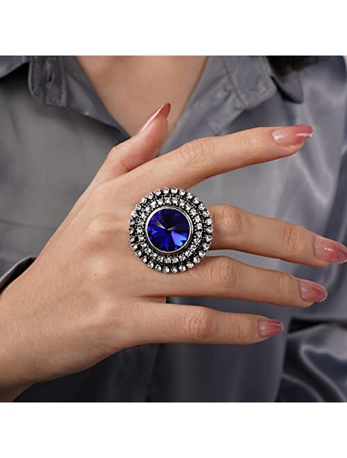 YERTTER Vintage Boho Ring Blue Crystal Rhinstone Roud Ring Adjustable Antique Crystal Ring Expandable Open Wrap Ring Statement Ring for Women Girls Large Cocktail Party (